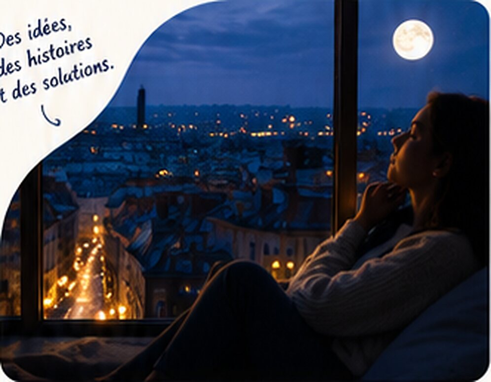 Une femme, assise à sa fenêtre, regarde la ville illuminée sous la pleine lune